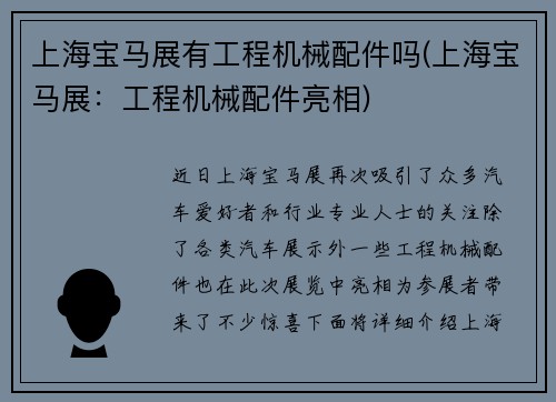 上海宝马展有工程机械配件吗(上海宝马展：工程机械配件亮相)