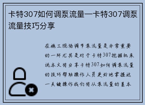 卡特307如何调泵流量—卡特307调泵流量技巧分享