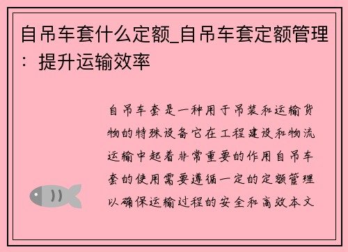 自吊车套什么定额_自吊车套定额管理：提升运输效率